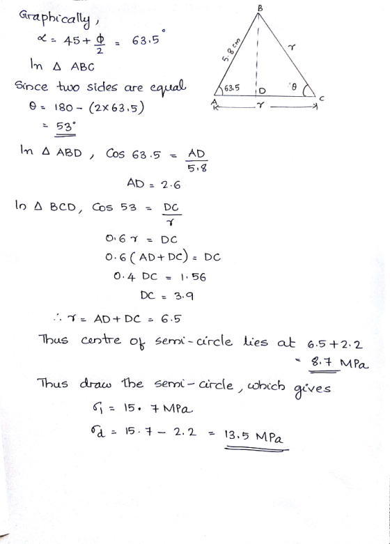 Graphically o 45+ 63.5 Oo 2 m a ABG equal 63.5 Since two sides are Y (2x 63.5) 180 53 m A ABD AD Cos 63.5 AD = 2.6 DC lo A BC