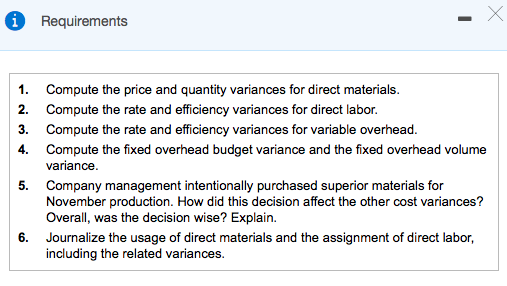 iRequirements 1. Compute the price and quantity variances for direct materials. 2. Compute the rate and efficiency variances