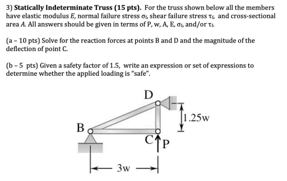 3) Statically Indeterminate Truss (15 pts). For the truss shown below all the members have elastic modulus E, normal failure