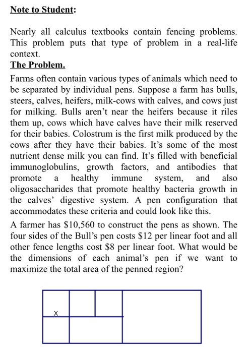 Nearly all calculus textbooks contain fencing problems This problem puts that type of problem in a real-life context Farms of