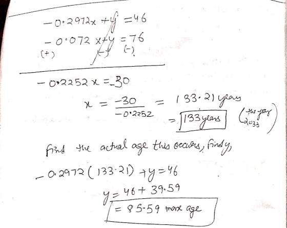 =46 0:3972x - 0 072 Xy = 76 ニ-30 O2252 X 33.2a 20 -0.2252 133. Frnd e actal oge this eears, ind y o 2972 133 21)19=96 y639.59