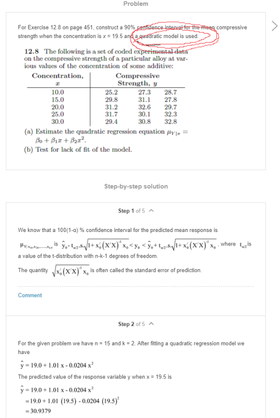Problem For Exercise 12.8 on page 451, construct a 90%_cenidence inteaval for the mean compressive strength when the concentr