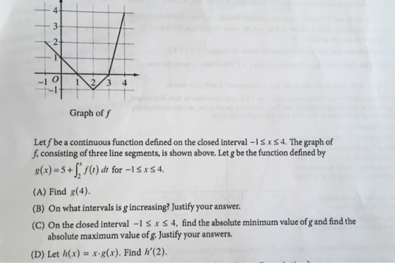 4 -11 23 4 Graph of f Let f be a continuous function defined on the closed interval -1Sxs4. The graph of f, consisting of thr