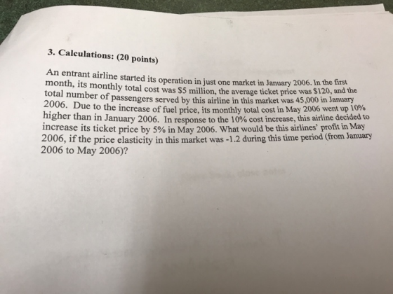 3. Calculations: (20 points) An entrant airline started its operation in just one market in January 2006. In the first month,