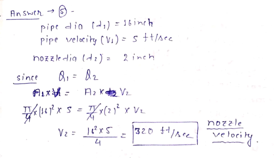 An Swth pipe lin ,) = 16inch pipe velocity (V1) stt/Aec 2 inch since A2 KV2 Ty(2)Y V 74 nozzle 320 1/Aee V2 2xS 4 lociy