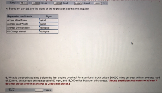 ime =1134343] es 00732 Load+ 000475 Speed +0029 c. Based on part (a), are the signs of the regression coefficients logical? R