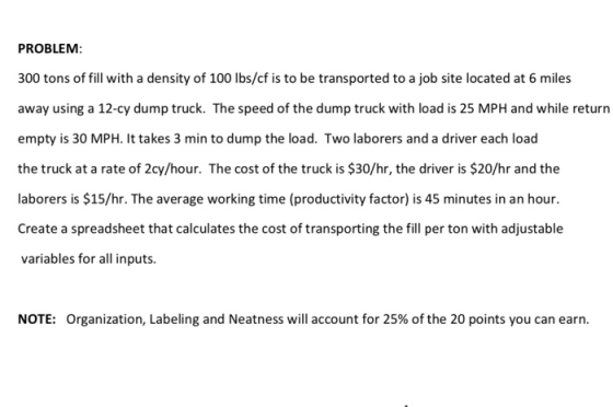 PROBLEM 00 tons of fill with a density of 100 lbs/cf is to be transported to a job site located at 6 miles away using a 12-cy