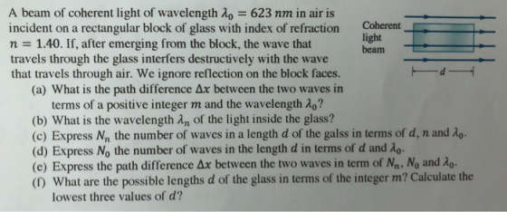 A beam of coherent light of wavelength A0 623 nm in air is incident on a rectangular block of glass with index of refraction