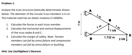Problem 1 Analyze the truss structure (statically determinate) shown below. The diameter of the circular truss members is 4 c