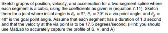 Sketch graphs of position, velocity, and acceleration for a two-segment spline where each segment is a cubic, using the coeff