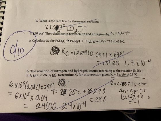 b. What is the rate law for the overall-reaction? -I %10 pts) The relatonship between Kp and Kc is given by K,-K,(m. a. Calc