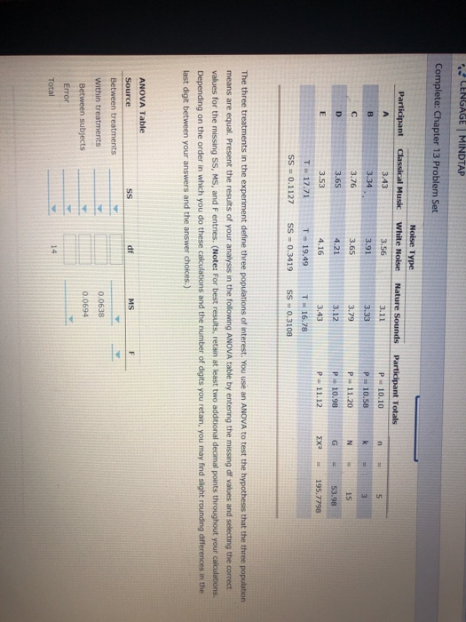 CENGAGE I MİNDTAP Complete: Chapter 13 Problem Set 3.43 3.56 3.91 3.65 4.21 4.16 T=19.49 ss 0.1127 SS-0.3419sS 0.3108 3.11 3.