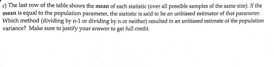 mean is equal to the population parameter, the statistic is said to be an unbiased estimator of that parameter Which method (