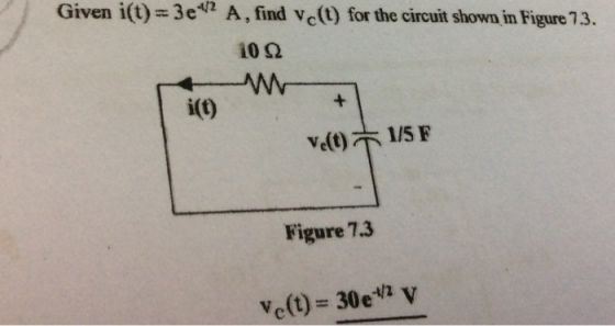 Given i(t) 3e2 A, find vc(1) for the circuit shown in Figure 7.3. 10 92 i(t) Velt)1/5 F Figure 7.3 Velt)- 30e2 v