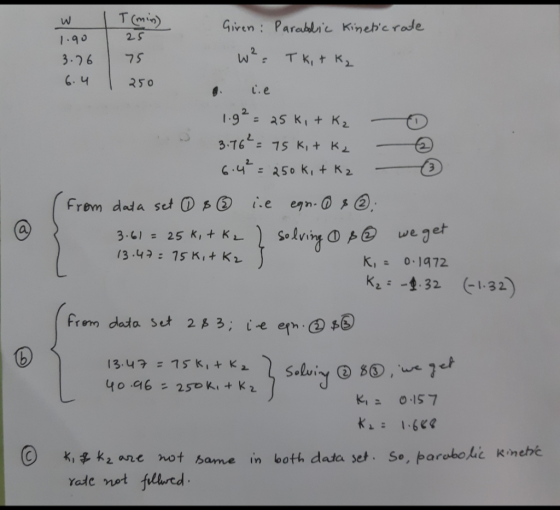 Given Parabtic Kinehc rade 2. s 1.9 3.26 7S 6.4250 2. 2. 3.6, = 25 K, + KL. ) Solving ①戶国 13-4: 75 Kl + K2 weJet K= 0.1472