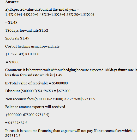 Answer: a) Expected value of Pound at the end ofyear 1.4X.05+1.45X.10+1.48X3+1.5X3+1.53X.20+1.55X05 -$1.49 180days forward ra