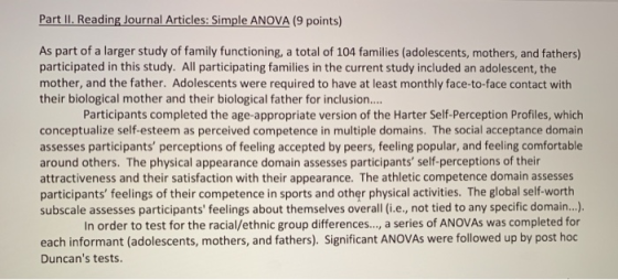 Part lI. Reading Journal Articles: Simple ANOVA(9 points) As part of a larger study of family functioning, a total of 104 fam