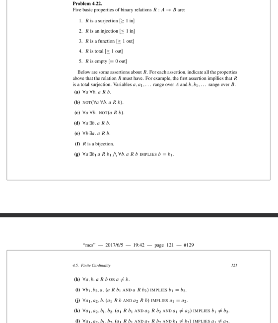 Problem 4.22. Five basic properties of binary relations R : A-> B are: 1. R is a surjection1 in 2. R is an injection [S 1 in]