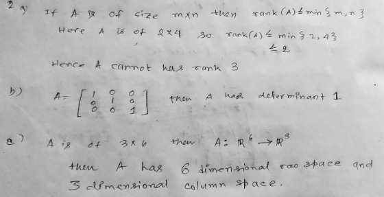 ank(A)min 2 느2. Hence cannot ha s rank 3 b) defer m%,an +1. had A tnen O 6 1 thhen