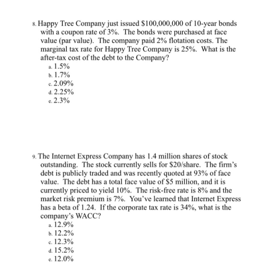 8. Happy Tree Company just issued $100,000,000 of 10-year bonds with a coupon rate of 3%. The bonds were purchased at face va