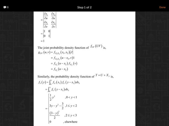 Done Step 1 of2 ou ou CX ονον fur (UV) The joint probability density function ofis, u-x2 y U+X, is, s 1S, Similarly, the prob