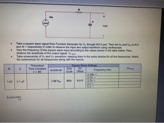 R Vin nwww Vot) Take a square wave signal from Function Generator for Vin through AO 0 port. Then set Vn and Vas to Al 0 and
