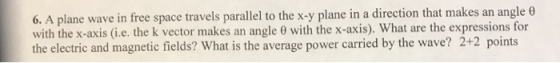 6. A plane wave in free space travels parallel to the x-y plane in a direction that makes an angle θ with the x-axis (ie, the