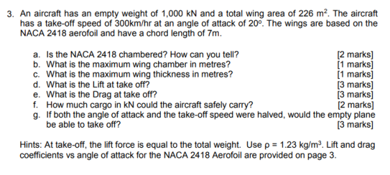 3. An aircraft has an empty weight of 1,000 kN and a total wing area of 226 m2. The aircraft has a take-off speed of 300km/hr
