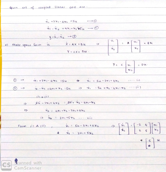 upledin ODE are 71 x-=-AX+BU e).-. State.. Space-norm us 7 t Du «ni +2.nl_ 4χ1. 25u っ( 20 anned with CamScanner