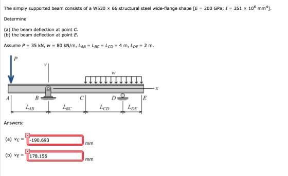 The simply supported beam consists of a w530 x 66 structural steel wide-flange shape [E-200 GPa; I -351 x 106 mm]. Determine