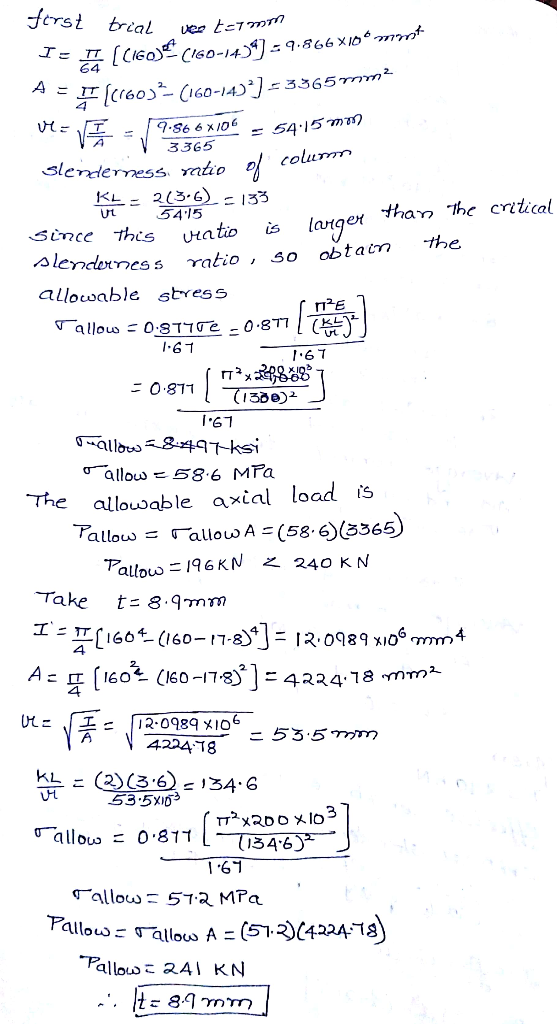 ferst trial T (6o) (60-14] -q.866X10 ot 64 A = -3365mm (r60(160-14- 9.S66 X106 5415 ma 3365 column slerdermess mtio KL- 2(3.
