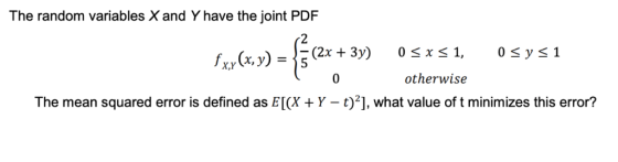 The random variables X and Y have the joint PDF -fa.. 2 0 S x s 1 0 Sy s1 (2х + Зу) fxy(x, y) = otherwise The mean squared er