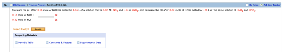 12. 6.25 points | Previous Answers ZumChemP8 8E.029 My Notes Ask Your Calculate the pHfter 0.16 mole of NaOHs added to 1.06 L