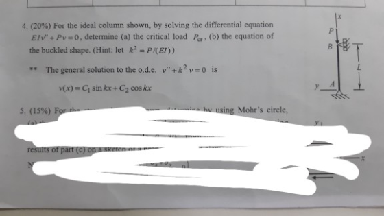4, (20%) For the ideal column shown, by solving the differential equation Elv+Pv0, determine (a) the critical load Per, (b)