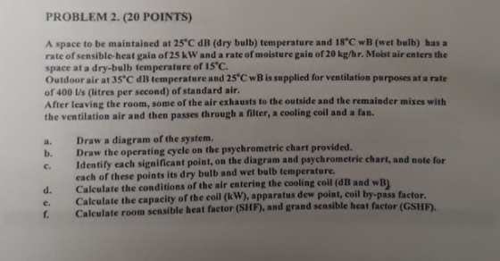 PROBLEM 2. (20 POINTS) A space to be maintained at 25 C dB (dry bulb) temperature and 18°C wB (wet bulb) has a rate of sensib