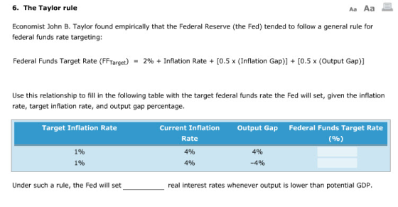 6. The Taylor rule Aa Aa Economist John B. Taylor found empirically that the Federal Reserve (the Fed) tended to follow a gen