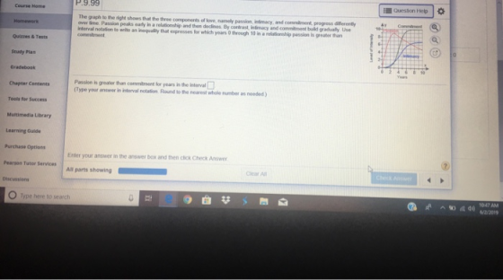 P.9.99 Quesson Help Course Home The graph to the right shows that the three components of love, namely passion, intimacy, and