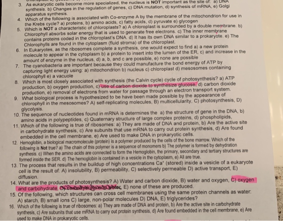 of: a) NA as the site s eukaryotic cells become more specialized, the nucleus is NOT important synthesis. b) Changes in the r