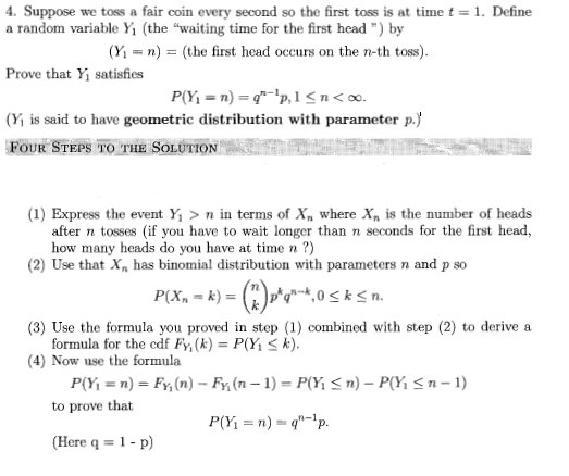 Suppose we toss a fair coin every second so the first toss is at time t1. Define a random variable Y (the waiting time for t