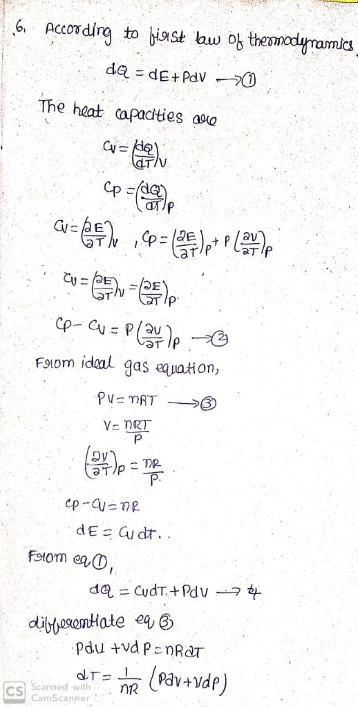 Accor ding to iast aw o theonodamcs AccOv The heat capacities a Cy TIV Fsom idcaL gas euaton, 下 dibtosonHate ea Scanned wit C