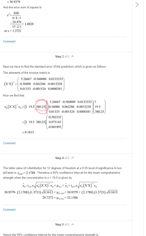 30.9379 And the error sum of square is SSE s2. n-k- 24.476 1.8828 15-2- ors 1.3721 Comment Step 3 of 5 A Next we have to find