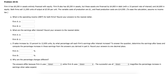 Problem 20-01 Firm A has $9,200 in assets entirely financed with equity. Firm B also has $9,200 in assets, but these assets a