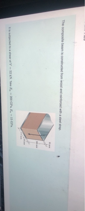 The composite beam is constructed from wood and reinforced with a steel strap 10 mm 300 mm 10 mm 175 mm 52 kN. Take E 200 GPa