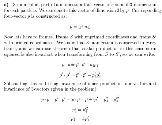 a) 3-momentum part of a momentum four-vector is a sum of 3-momentum for each particle. We can denote this vector of dimension