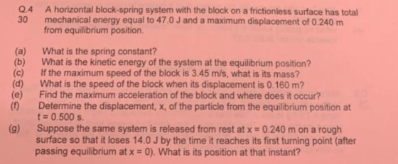 Q.4 A horizontal block-spring system with the block on a frictionless surface has total 30 mechanical energy equal to 47.0 J
