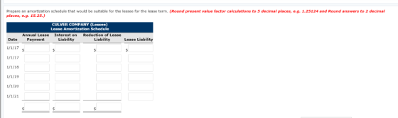 Prepare an amortization schedule that would be suitable for the lessee for the lease term. (Round present value factor calcul