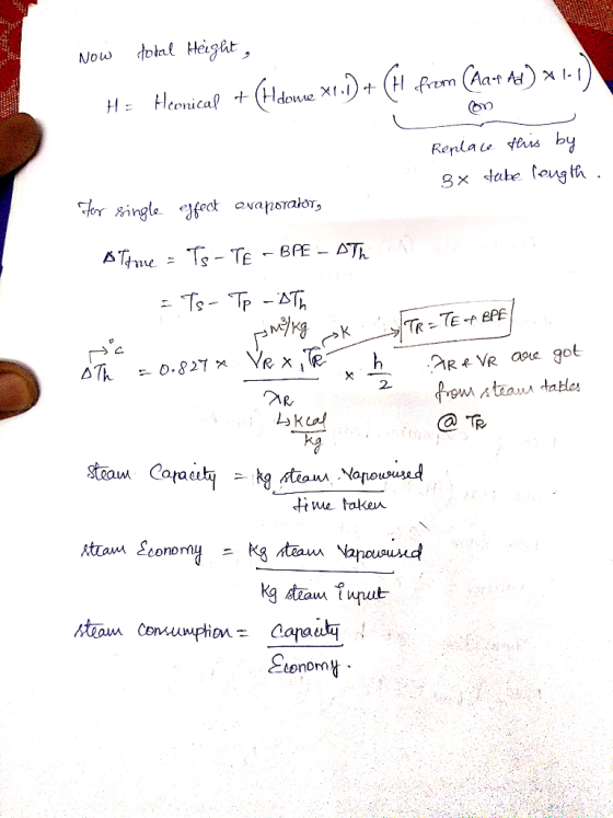 dolal tHeight Now Heonical +(Hdewe X)+( frem Aat As) 1) HE Renlae fus by 3x tabe feug th . For ingle efect ovaporator, ATeTs-