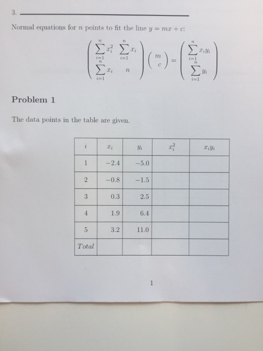3. Normal equations for n points to fit the line y = mx + c: ri 72 yi Problem 1 The data points in the table are given. -2.4