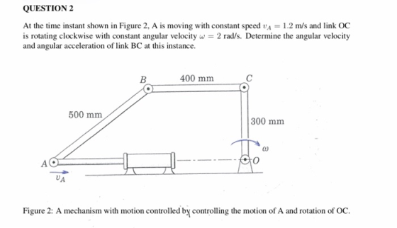 QUESTION 2 At the time instant shown in Figure 2, A is moving with constant speed v 1.2 m/s and link OC is rotating clockwise