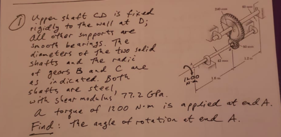Upper shaft CD is fiked rigidly to The wall at D; all ofher Supports are SAOO14 be arings. The diameters f The two selid Shat